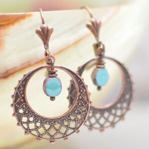 Turquoise & Antique Copper Filigree Hoop Earrings